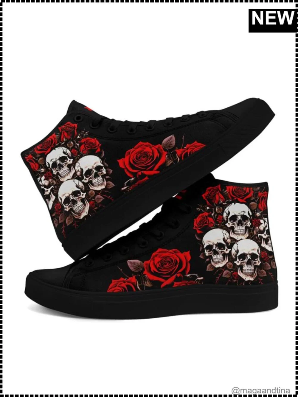 Skull Print High Top Canvas Sneakers Lace Up Gothic Streetwear Shoes
